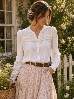 Mineral White Boho Ruffle Tunic Blouse Cottagecore Peasant Top S Village Coastal